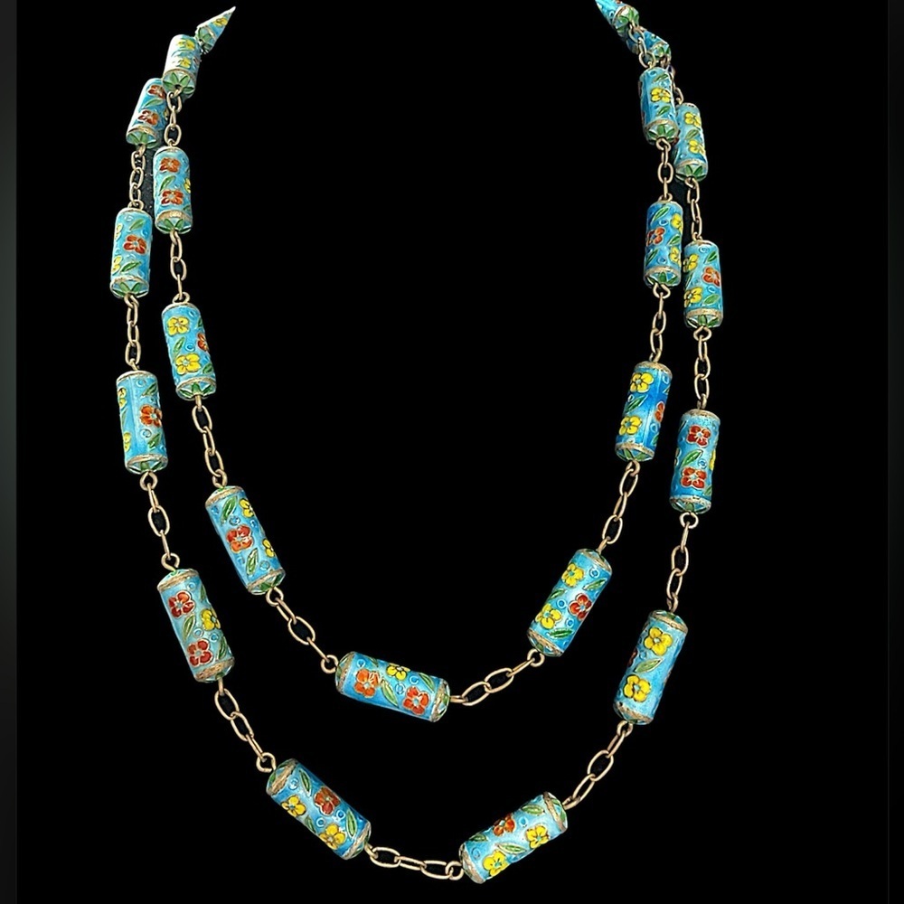 Vintage Opera Length Chinese Enamel Cloisonné Bead Necklace